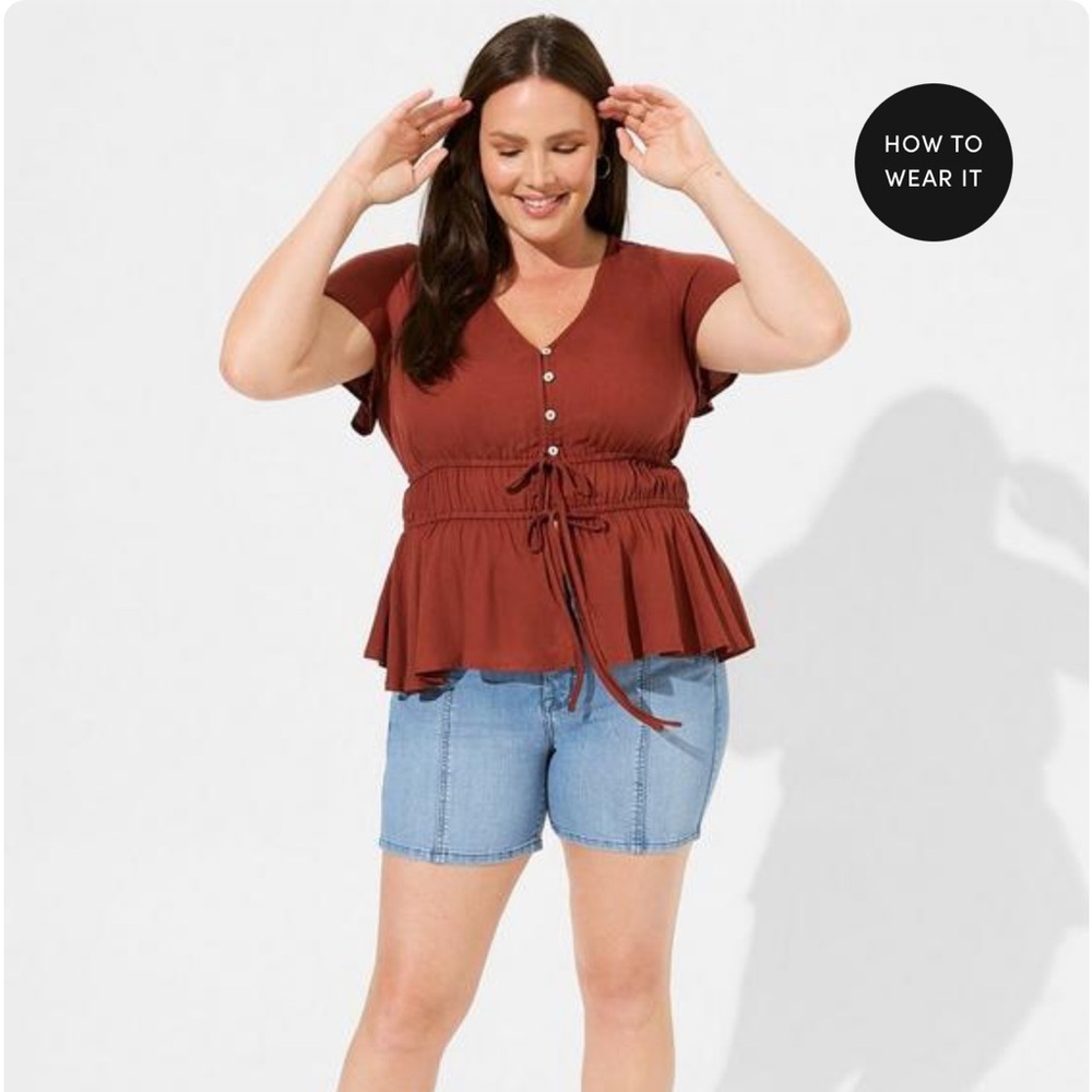 NWT Torrid Gauze waist detail flutter sleeve top size 2 Madder brown - Picture 3 of 6